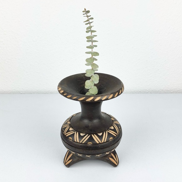 VTG Hand Carved Wood Vase Two Toned Small Brown Ta